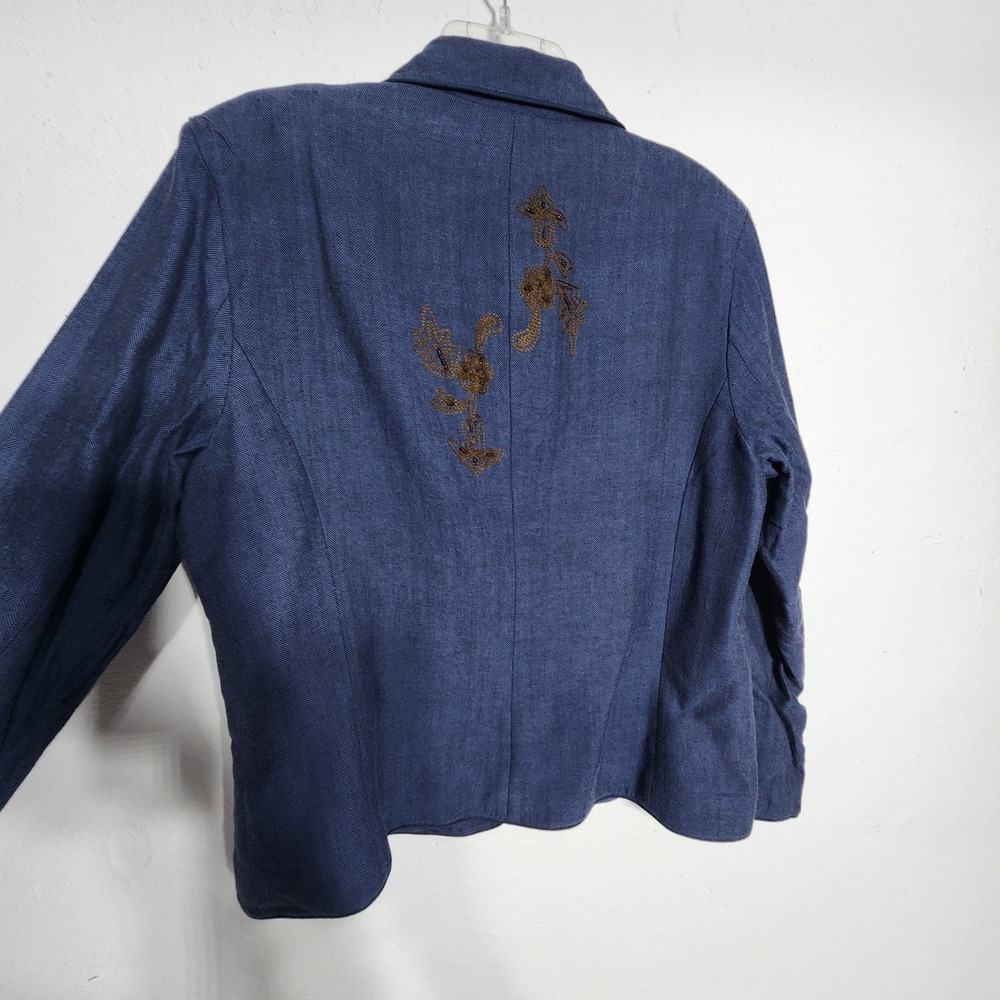 Coldwater Creek Blazer L Blue Bronze Embroidered Beaded Cotton Herringbone - Picture 13 of 13